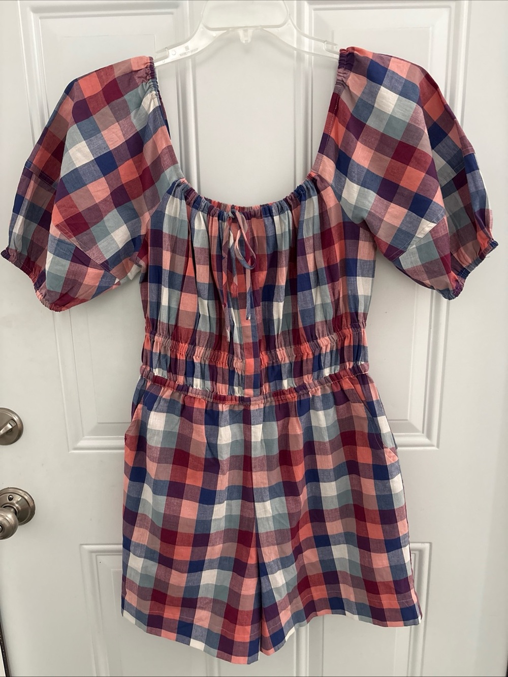KOPAL Anthropologie Plaid Puff-Sleeve One-Piece Romper in Red & Blue